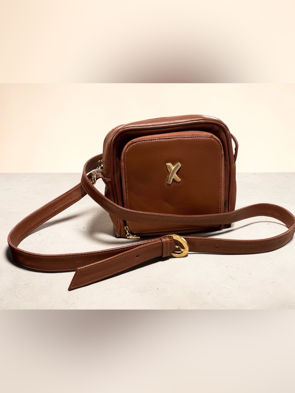 Vintage Paloma Picasso Brown Leather Camera Crossbody Bag Gold X Logo Italy